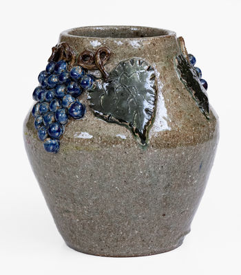 Alkaline-Glazed Stoneware Vase w/ Applied Grapes Motif, Signed 
