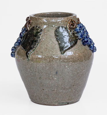 Alkaline-Glazed Stoneware Vase w/ Applied Grapes Motif, Signed 