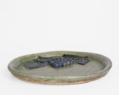 Alkaline-Glazed Stoneware Dish w/ Applied Grapes Motif, Signed 