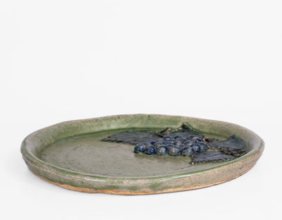 Alkaline-Glazed Stoneware Dish w/ Applied Grapes Motif, Signed 