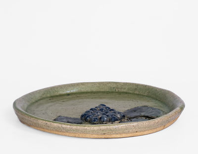 Alkaline-Glazed Stoneware Dish w/ Applied Grapes Motif, Signed 
