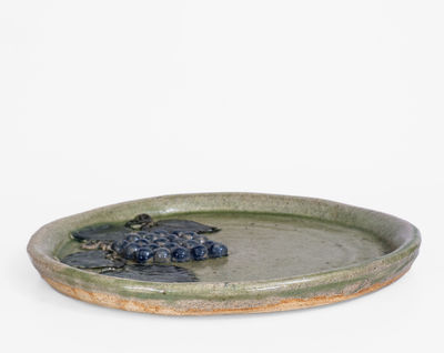 Alkaline-Glazed Stoneware Dish w/ Applied Grapes Motif, Signed 