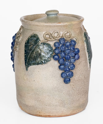 Alkaline-Glazed Lidded Stoneware Jar w/ Applied Grapes Motif, attrib. Arie Meaders, Cleveland, GA