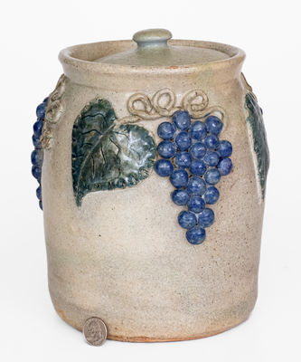 Alkaline-Glazed Lidded Stoneware Jar w/ Applied Grapes Motif, attrib. Arie Meaders, Cleveland, GA
