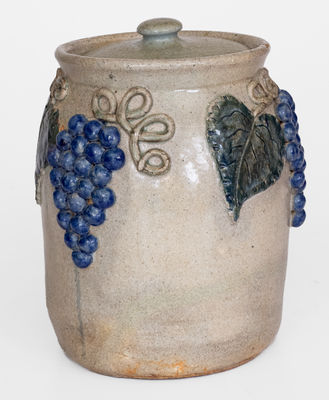 Alkaline-Glazed Lidded Stoneware Jar w/ Applied Grapes Motif, attrib. Arie Meaders, Cleveland, GA