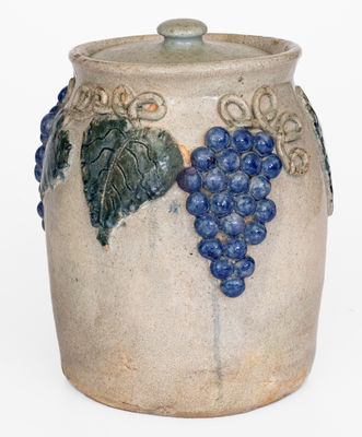 Alkaline-Glazed Lidded Stoneware Jar w/ Applied Grapes Motif, attrib. Arie Meaders, Cleveland, GA