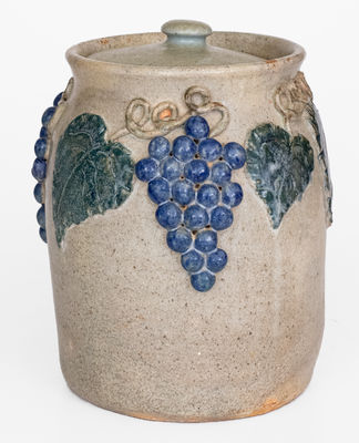 Alkaline-Glazed Lidded Stoneware Jar w/ Applied Grapes Motif, attrib. Arie Meaders, Cleveland, GA