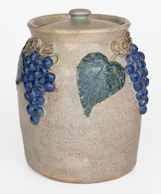 Alkaline-Glazed Lidded Stoneware Jar w/ Applied Grapes Motif, attrib. Arie Meaders, Cleveland, GA