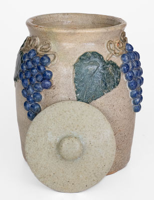 Alkaline-Glazed Lidded Stoneware Jar w/ Applied Grapes Motif, attrib. Arie Meaders, Cleveland, GA