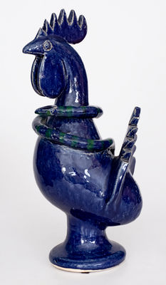 Blue-Glazed Stoneware Figure of a Rooster with Snake, Signed and Dated