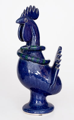 Blue-Glazed Stoneware Figure of a Rooster with Snake, Signed and Dated