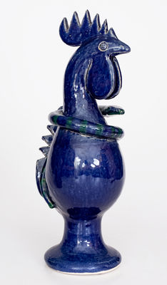 Blue-Glazed Stoneware Figure of a Rooster with Snake, Signed and Dated