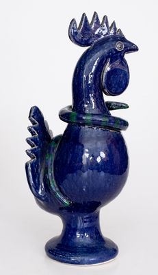 Blue-Glazed Stoneware Figure of a Rooster with Snake, Signed and Dated