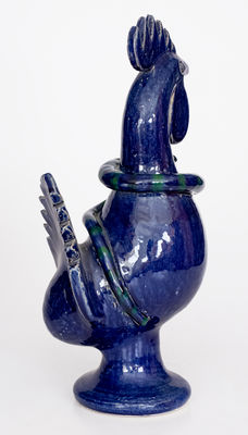 Blue-Glazed Stoneware Figure of a Rooster with Snake, Signed and Dated