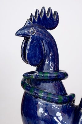 Blue-Glazed Stoneware Figure of a Rooster with Snake, Signed and Dated