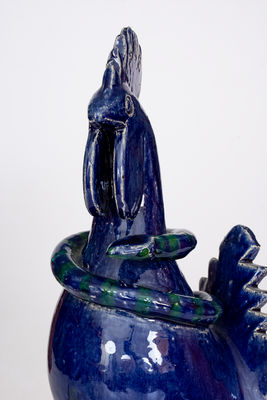 Blue-Glazed Stoneware Figure of a Rooster with Snake, Signed and Dated