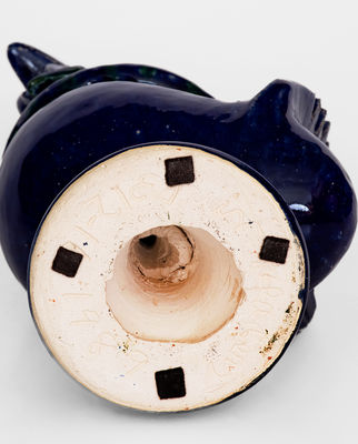 Blue-Glazed Stoneware Figure of a Rooster with Snake, Signed and Dated