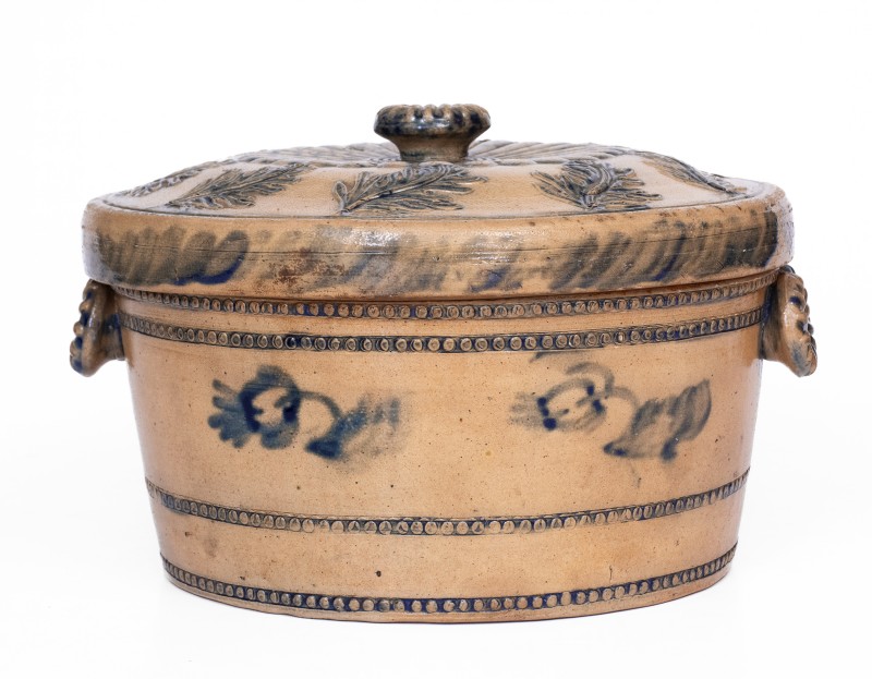 Outstanding Lidded Stoneware Cake Crock with Molded and Brushed-Cobalt Decoration, Stamped 