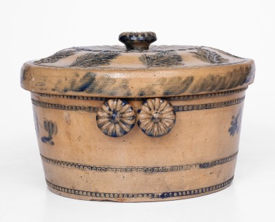 Outstanding Lidded Stoneware Cake Crock with Molded and Brushed-Cobalt Decoration, Stamped 