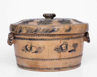 Outstanding Lidded Stoneware Cake Crock with Molded and Brushed-Cobalt Decoration, Stamped 