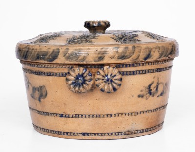 Outstanding Lidded Stoneware Cake Crock with Molded and Brushed-Cobalt Decoration, Stamped 