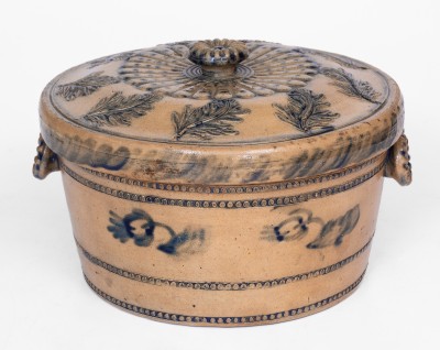 Outstanding Lidded Stoneware Cake Crock with Molded and Brushed-Cobalt Decoration, Stamped 