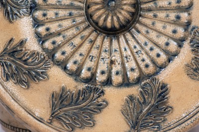 Outstanding Lidded Stoneware Cake Crock with Molded and Brushed-Cobalt Decoration, Stamped 