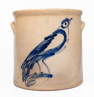 6 Gal. attrib. West Troy Pottery Stoneware Crock w/ Large Cobalt Bird Decoration