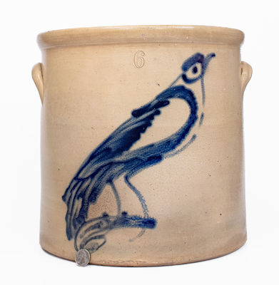 6 Gal. attrib. West Troy Pottery Stoneware Crock w/ Large Cobalt Bird Decoration