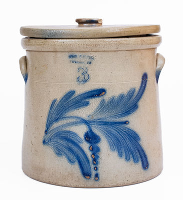 3 Gal. EVAN R. JONES / PITTSTON, PA Stoneware Crock w/ Lid, c1875