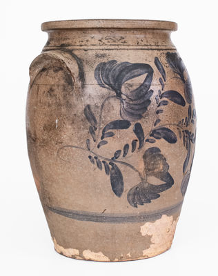 3 Gal. Western PA Stoneware Jar w/ Elaborate Floral Decoration, c1865