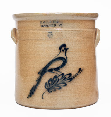 5 Gal. E. & L. P. NORTON / BENNINGTON, VT Stoneware Bird Crock