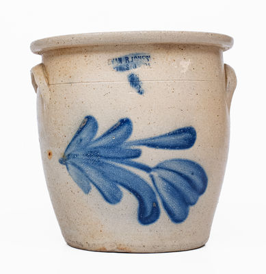 EVAN R. JONES / PITTSTON, PA Stoneware Jar w/ Cobalt Floral Decoration, c1875