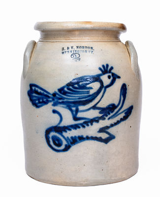 Very Rare J. & E. NORTON / BENNINGTON, VT Stoneware Jar w/ Elaborate Cobalt Bird Decoration