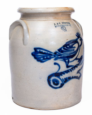 Very Rare J. & E. NORTON / BENNINGTON, VT Stoneware Jar w/ Elaborate Cobalt Bird Decoration