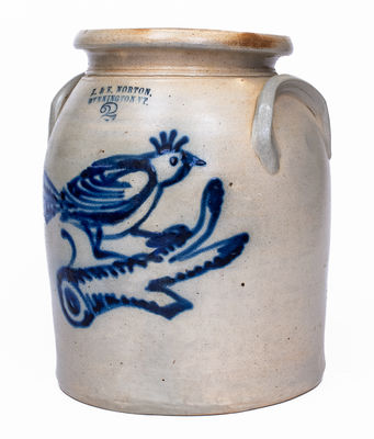 Very Rare J. & E. NORTON / BENNINGTON, VT Stoneware Jar w/ Elaborate Cobalt Bird Decoration