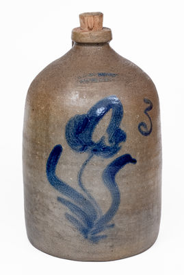 3 Gal. M. WOODRUFF / CORTLAND Stoneware Jug w/ Cobalt Floral Decoration
