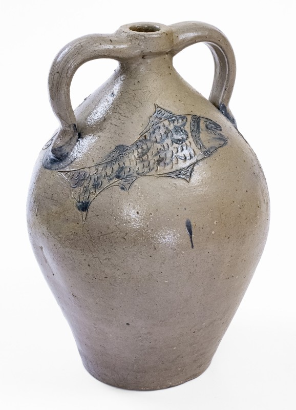 Exceptional Double-Handled Stoneware Jug w/ Incised Fish and Double-Bird Motifs, Ohio origin
