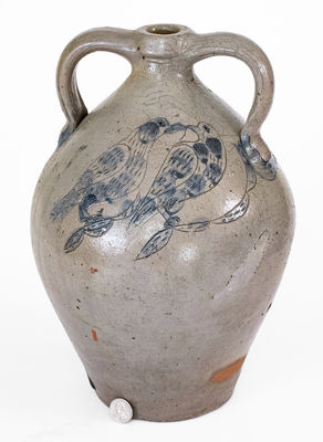 Exceptional Double-Handled Ohio Stoneware Jug w/ Incised Fish and Double-Bird Motifs