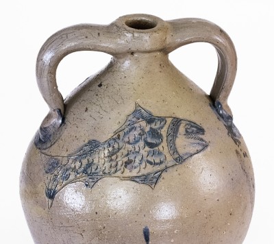 Exceptional Double-Handled Stoneware Jug w/ Incised Fish and Double-Bird Motifs, Ohio origin