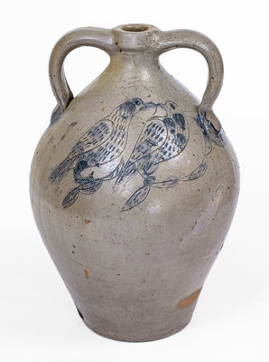 Exceptional Double-Handled Ohio Stoneware Jug w/ Incised Fish and Double-Bird Motifs