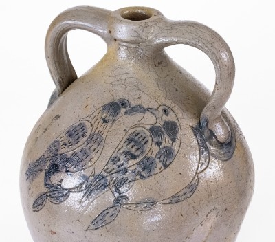 Exceptional Double-Handled Stoneware Jug w/ Incised Fish and Double-Bird Motifs, Ohio origin