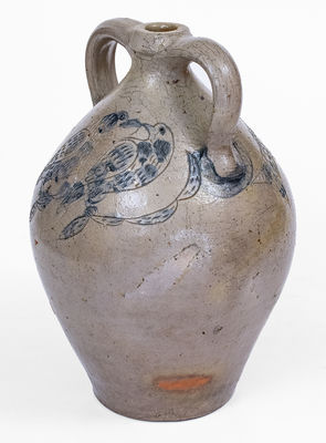 Exceptional Double-Handled Ohio Stoneware Jug w/ Incised Fish and Double-Bird Motifs