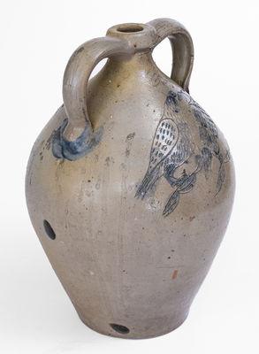 Exceptional Double-Handled Ohio Stoneware Jug w/ Incised Fish and Double-Bird Motifs