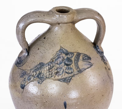 Exceptional Double-Handled Ohio Stoneware Jug w/ Incised Fish and Double-Bird Motifs