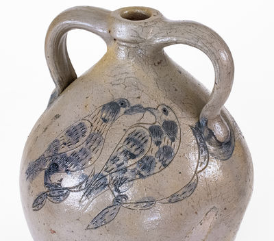 Exceptional Double-Handled Ohio Stoneware Jug w/ Incised Fish and Double-Bird Motifs