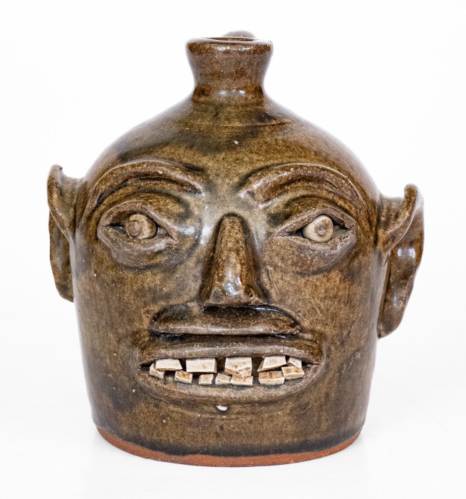 Alkaline-Glazed Stoneware Face Jug, Stamped 