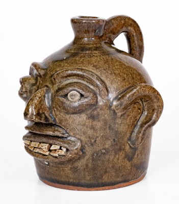 Alkaline-Glazed Stoneware Face Jug, Stamped 