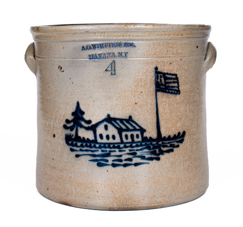 Very Fine A. O. WHITTEMORE / HAVANA, NY Stoneware Crock with House and American Flag Decoration