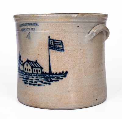 Very Fine A. O. WHITTEMORE / HAVANA, NY Stoneware Crock with House and American Flag Decoration